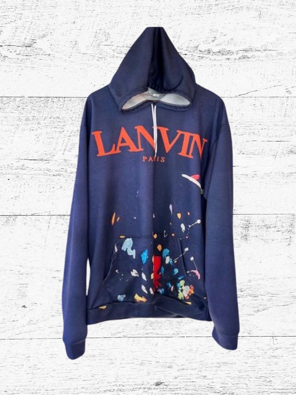 Lanvin Navy Crewneck Hoodie with Multicolor Paint-Splash Logo